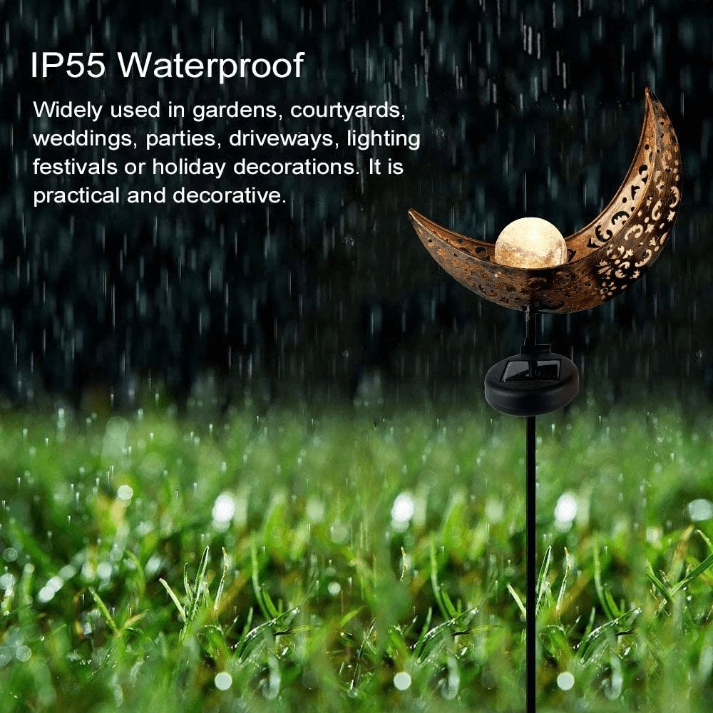 Solar Crescent Stake Light Weatherproof Steel Garden Path Illuminator Dusk-to-Dawn Sensor Lawn Landscape Accent