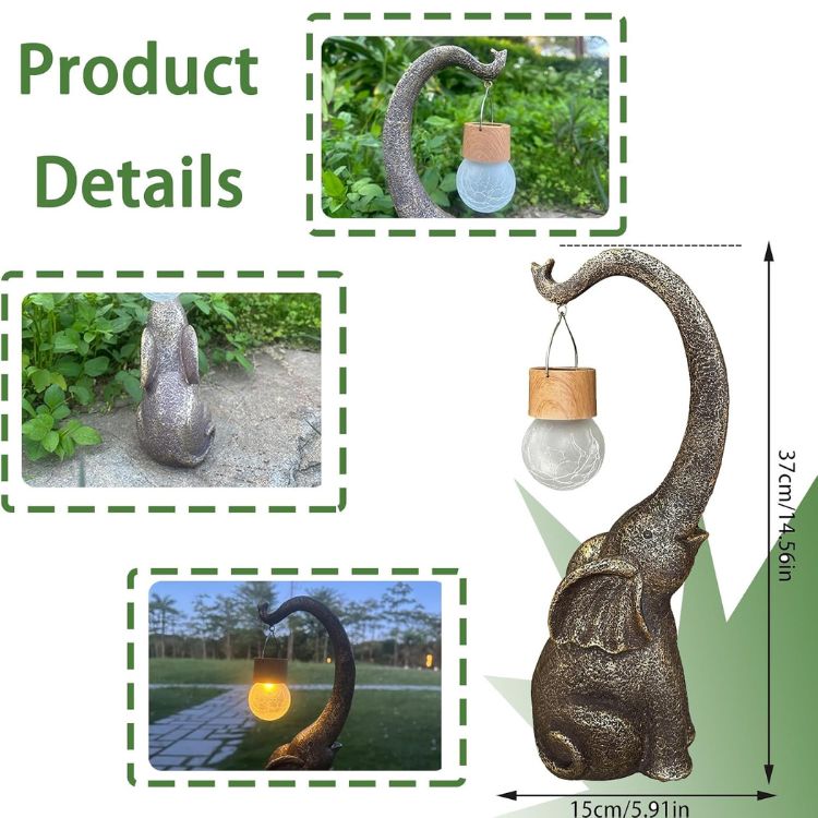Copper Elephant Garden Statue Solar Light for Patio, Lawn & Yard Decor | Weatherproof Outdoor Figurine Lamp with LED Warm White Glow