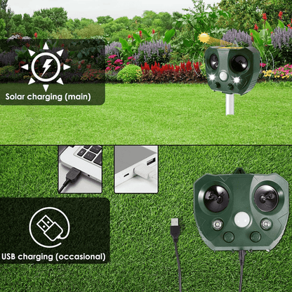 Ultrasonic Solar Bird Deterrent with Motion Sensor & Flashing Lights for Yards, Gardens, Patios | Weatherproof Animal Repeller