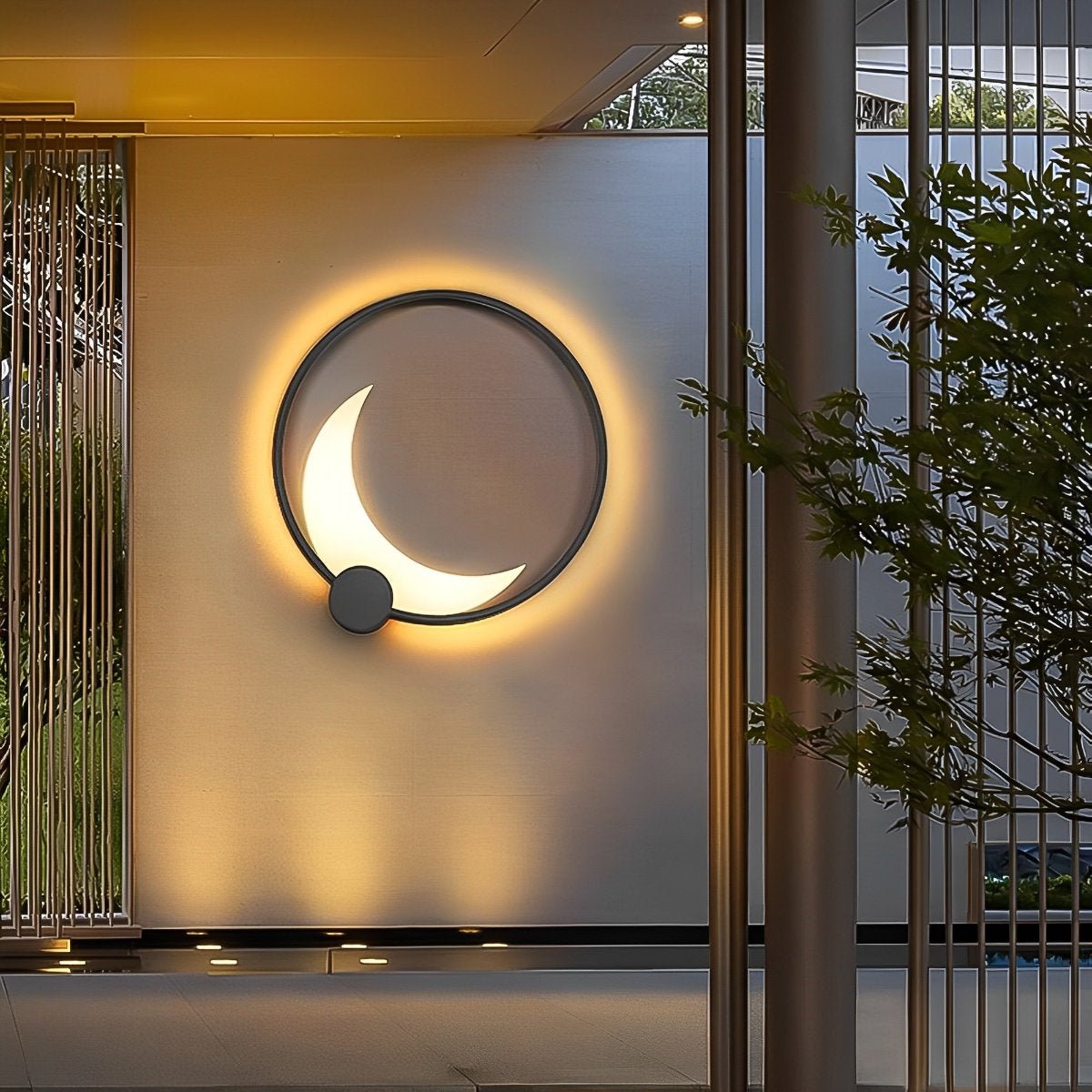 Crescent Moon LED Outdoor Sconce Black Stainless Steel Waterproof 14 in Round for Patio Entrance Garden Wall Solar Hardwired