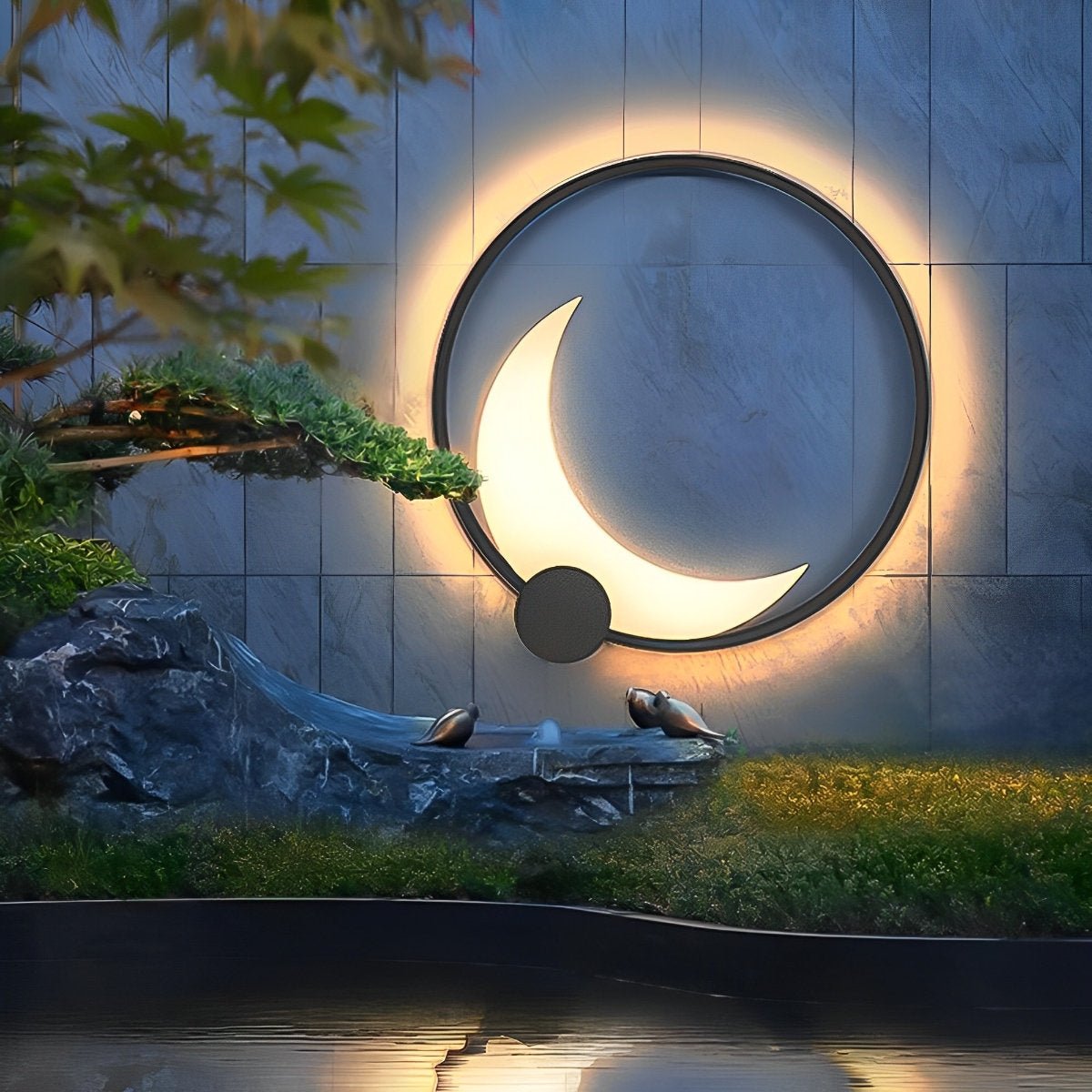 Crescent Moon LED Outdoor Sconce Black Stainless Steel Waterproof 14 in Round for Patio Entrance Garden Wall Solar Hardwired