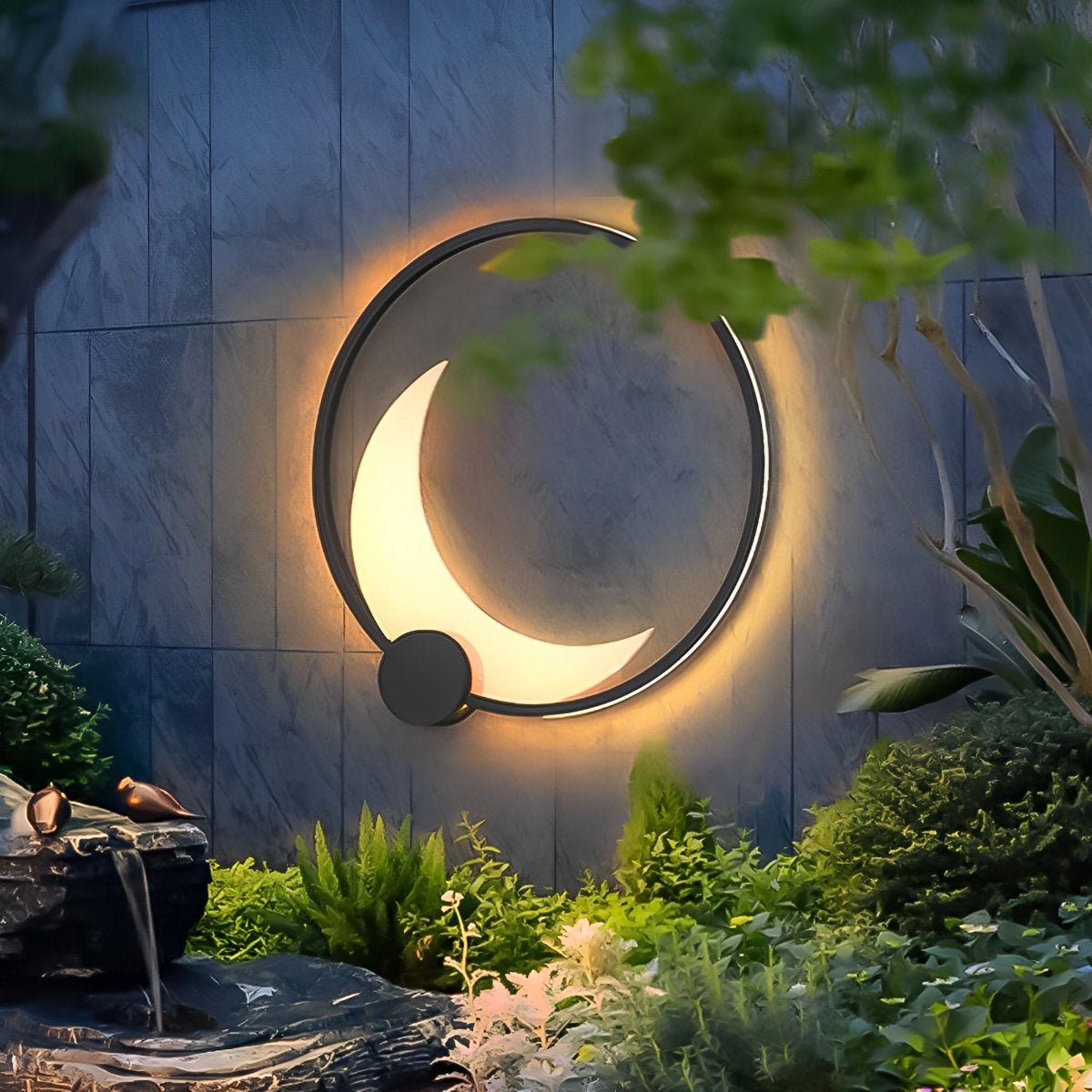 Crescent Moon LED Outdoor Sconce Black Stainless Steel Waterproof 14 in Round for Patio Entrance Garden Wall Solar Hardwired