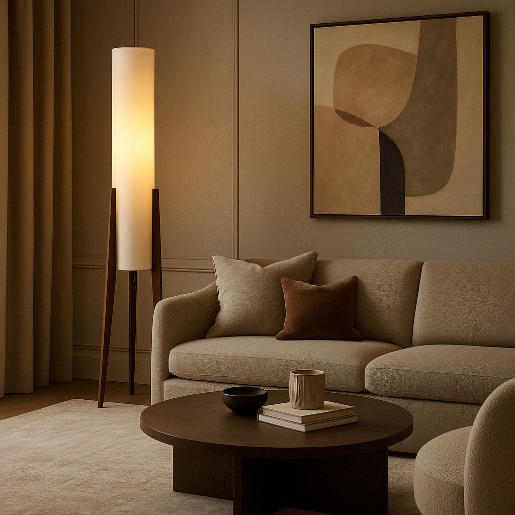 Solid Walnut Wood Floor Lamp with Fabric Shade | Modern Standing Light for Living Room & Bedroom | 3000K Warm White LED | Hardwired Floor