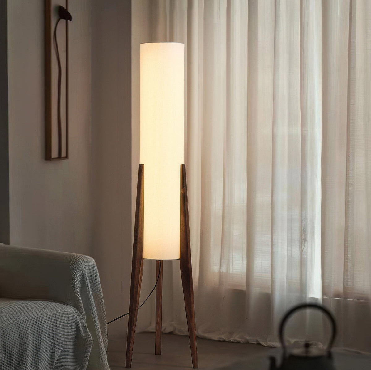Solid Walnut Wood Floor Lamp with Fabric Shade | Modern Standing Light for Living Room & Bedroom | 3000K Warm White LED | Hardwired Floor