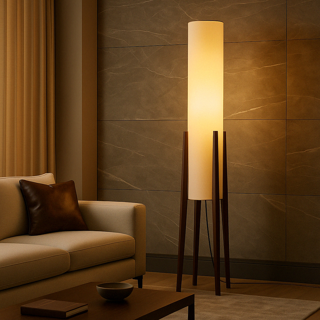 Solid Walnut Wood Floor Lamp with Fabric Shade | Modern Standing Light for Living Room & Bedroom | 3000K Warm White LED | Hardwired Floor