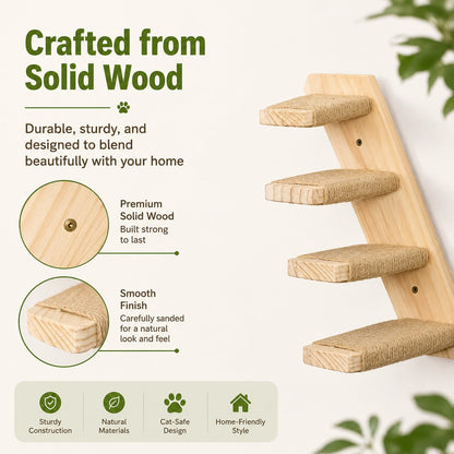Ortekor Wall-Mounted Solid Wood Cat Steps for Shelves & Perches - Space-Saving Jute Climbing Ladder