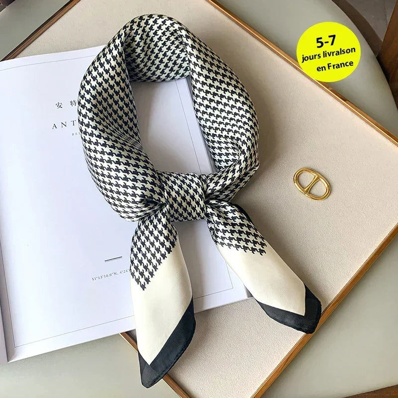 Plaid Silk Square Scarf 27.5 in Women's Neck Wrap Hair Band Accessory Spring Summer Multi-Wear Lightweight Fashion Kerchief