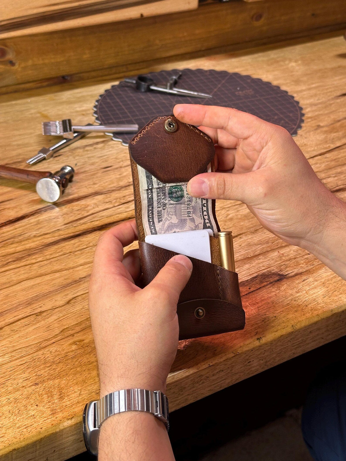 Bifold Leather Wallet with Integrated Pen Holder for Cards & Cash Storage