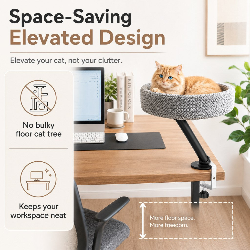 Ortekor Desk Mounted Cat Bed Perch for Home Office - Space Saving Elevated Cat Lounger with Soft Breathable Fabric for Cats to Relax Beside Your Workspace