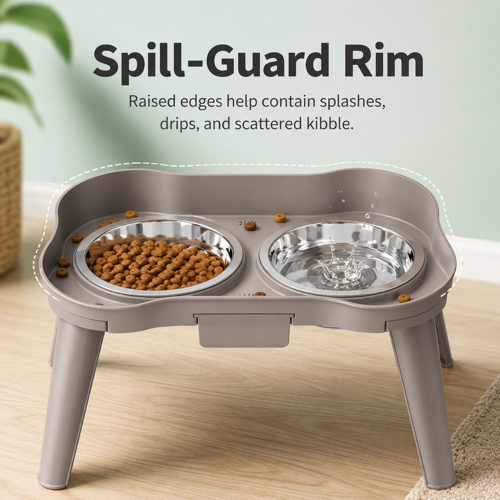Ortekor Elevated Pet Feeder with Spill Guard for Cats & Dogs - Raised Dual Stainless Steel Bowls for Cleaner Floors