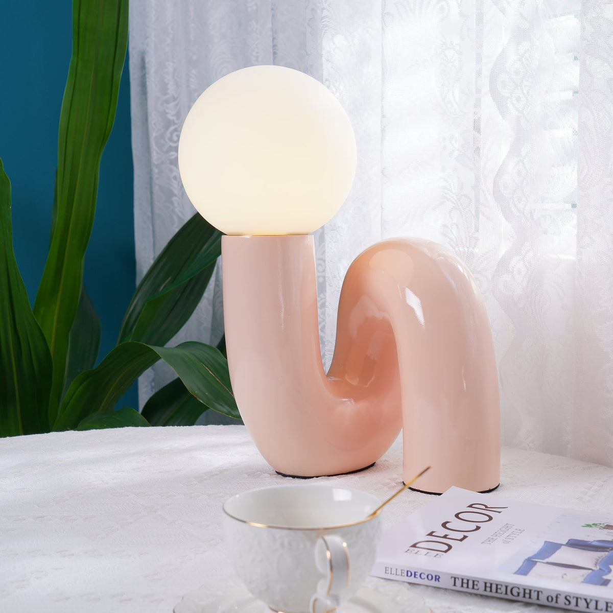 Twisted Glass Accent Lamp for Desk & Nightstand — 10 in Sculptural Design in Pink, Blue, White & Red — LED Glow for Bedroom, Living Room & O