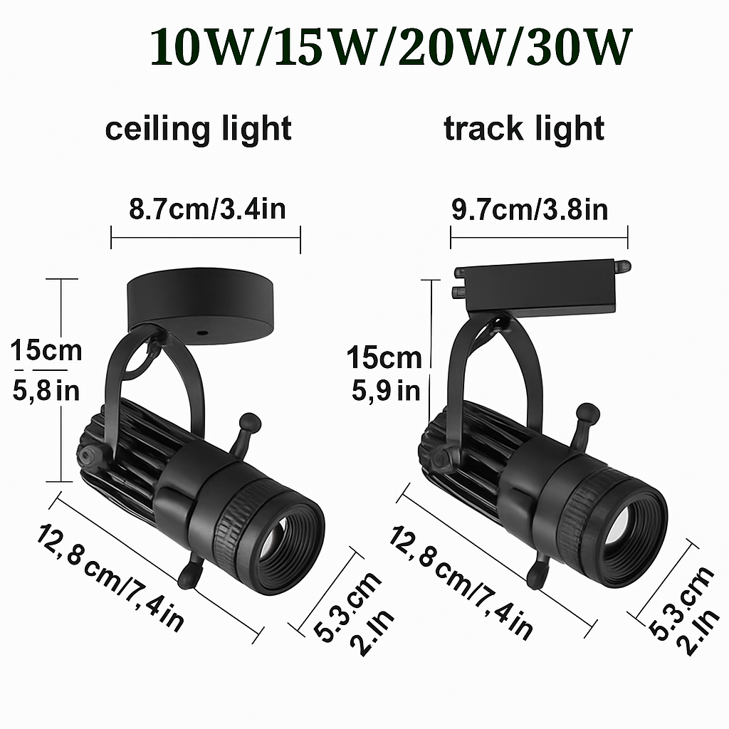 Projecteur LED sur rail dimmable avec angle de faisceau réglable pour cuisine, salle à manger et vitrine de magasin