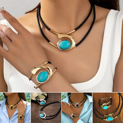 Boho Jewelry Set with Necklace Bracelet and Earrings Layered Geometric Design Faux Leather Cord Adjustable Metal Accents for Women Girls Fes
