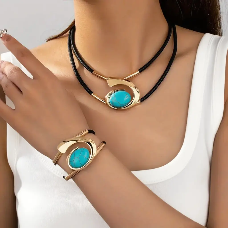 Boho Jewelry Set with Necklace Bracelet and Earrings Layered Geometric Design Faux Leather Cord Adjustable Metal Accents for Women Girls Fes