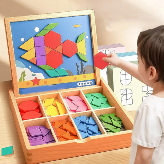 Jeu de puzzle magnétique en bois pour enfants – 180 ou 220 pièces colorées avec cartes de modèles – Jouet éducatif STIM pour la créativité et la logique