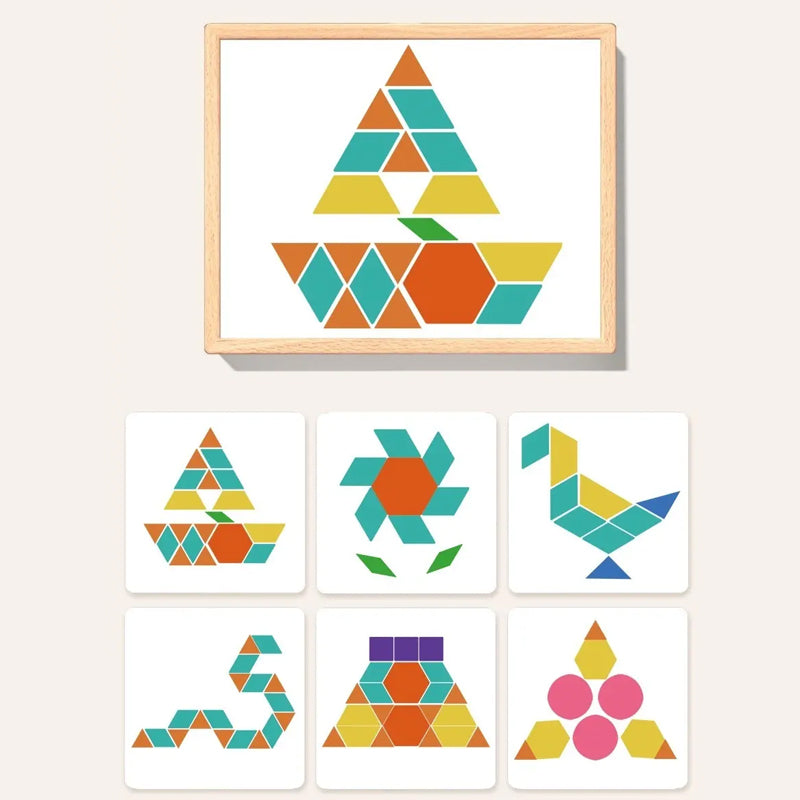 Wooden Magnetic Pattern Puzzle Game for Kids – 180 or 220 Colorful Shape Tiles with Design Cards – STEM Learning Toy for Creativity & Logic
