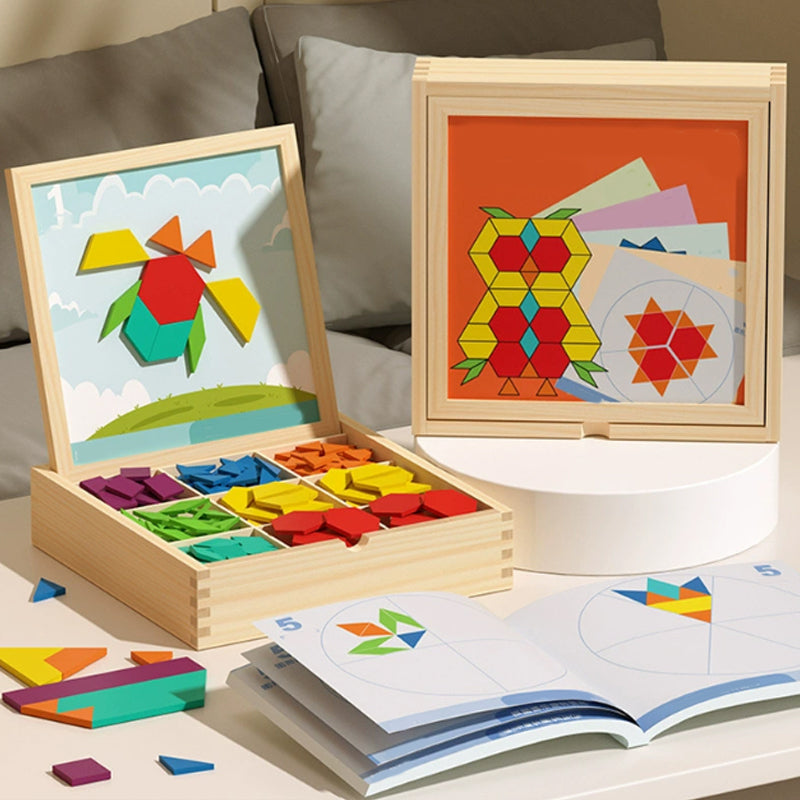 Wooden Magnetic Pattern Puzzle Game for Kids – 180 or 220 Colorful Shape Tiles with Design Cards – STEM Learning Toy for Creativity & Logic