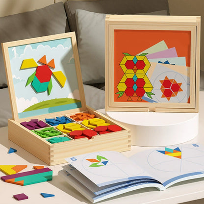 Wooden Magnetic Pattern Puzzle Game for Kids – 180 or 220 Colorful Shape Tiles with Design Cards – STEM Learning Toy for Creativity & Logic