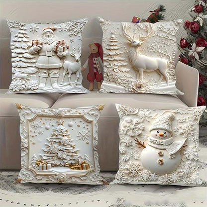 Holiday Throw Pillow Covers Set of 4 - Christmas Decorative Cushion Cases with Santa, Snowman, Tree & Reindeer Designs for Couch, Sofa, Bedr