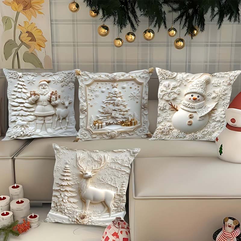 Holiday Throw Pillow Covers Set of 4 - Christmas Decorative Cushion Cases with Santa, Snowman, Tree & Reindeer Designs for Couch, Sofa, Bedr