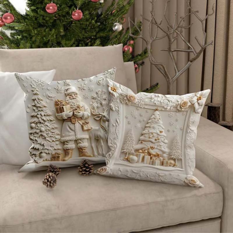 Holiday Throw Pillow Covers Set of 4 - Christmas Decorative Cushion Cases with Santa, Snowman, Tree & Reindeer Designs for Couch, Sofa, Bedr