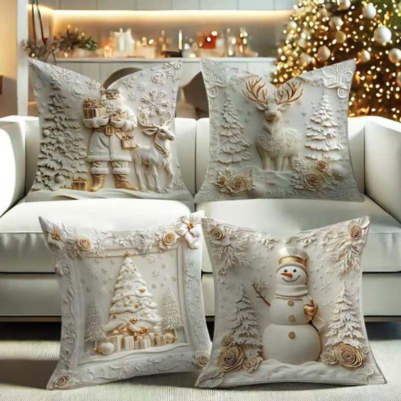 Holiday Throw Pillow Covers Set of 4 - Christmas Decorative Cushion Cases with Santa, Snowman, Tree & Reindeer Designs for Couch, Sofa, Bedr