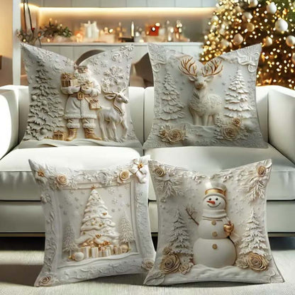 Holiday Throw Pillow Covers Set of 4 - Christmas Decorative Cushion Cases with Santa, Snowman, Tree & Reindeer Designs for Couch, Sofa, Bedr