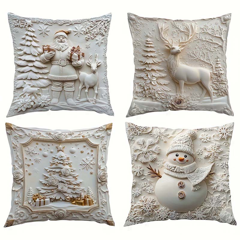 Holiday Throw Pillow Covers Set of 4 - Christmas Decorative Cushion Cases with Santa, Snowman, Tree & Reindeer Designs for Couch, Sofa, Bedr