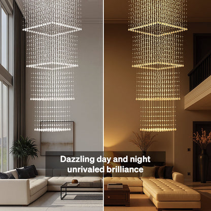 Tiered Square Crystal Chandelier with Cascading Raindrop Pendants for High Ceilings – Chrome Stainless Steel Frame for Foyer Stairway