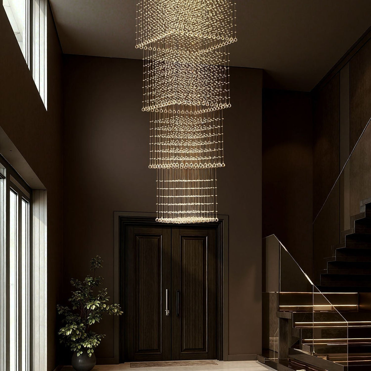 Tiered Raindrop Chandelier for High Ceilings | Stainless Steel Square Frame | GU10 LED Foyer Staircase Lighting | Chrome Finish Multi-Level