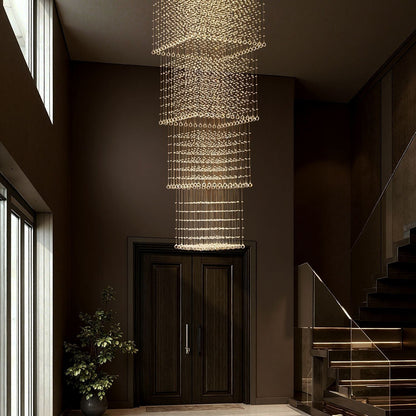 Tiered Square Crystal Chandelier with Cascading Raindrop Pendants for High Ceilings – Chrome Stainless Steel Frame for Foyer Stairway