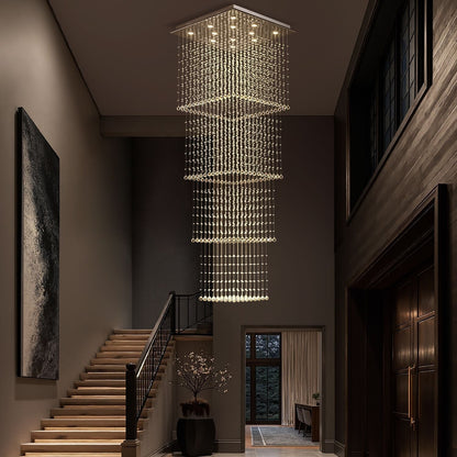 Tiered Raindrop Chandelier for High Ceilings | Stainless Steel Square Frame | GU10 LED Foyer Staircase Lighting | Chrome Finish Multi-Level