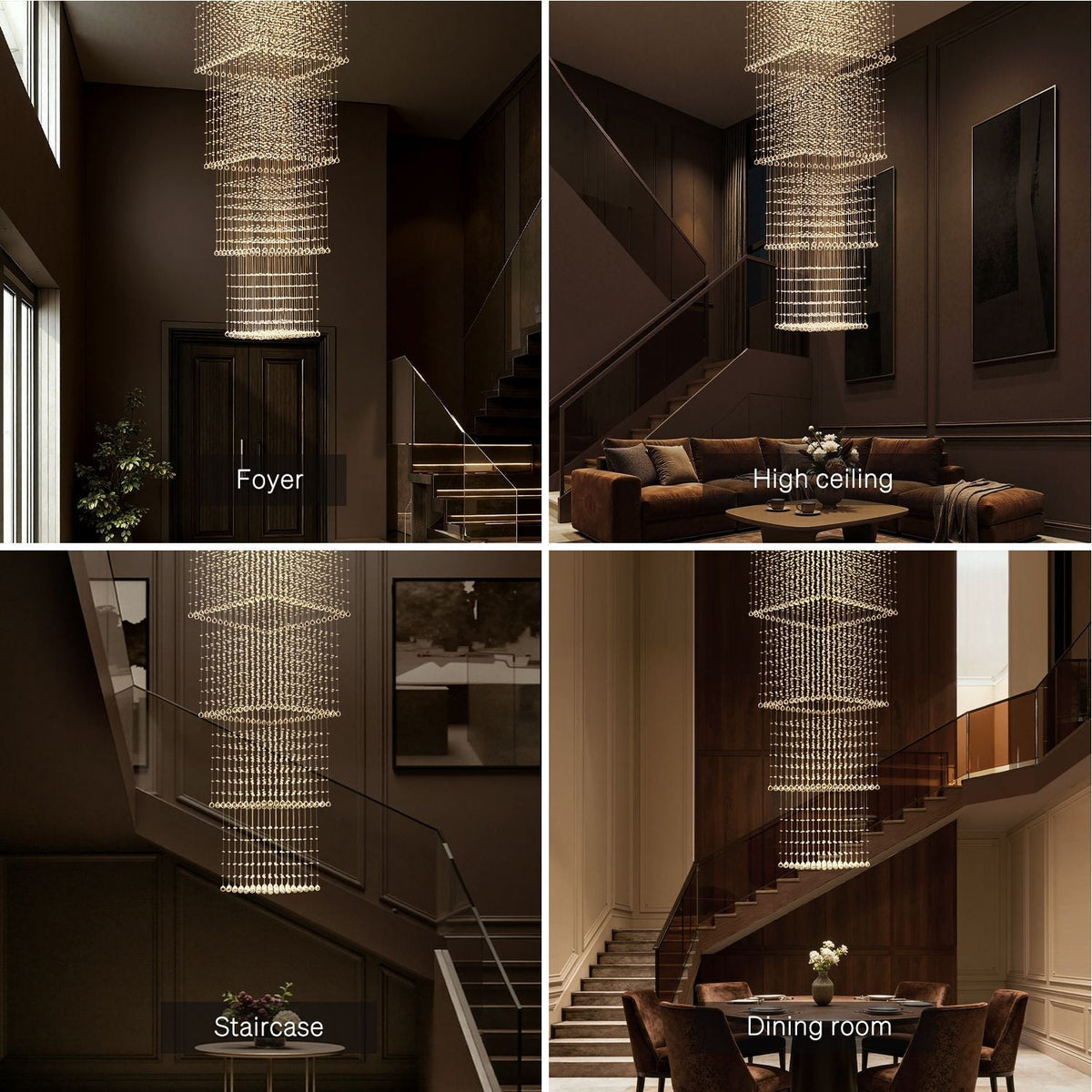 Tiered Square Crystal Chandelier with Cascading Raindrop Pendants for High Ceilings – Chrome Stainless Steel Frame for Foyer Stairway