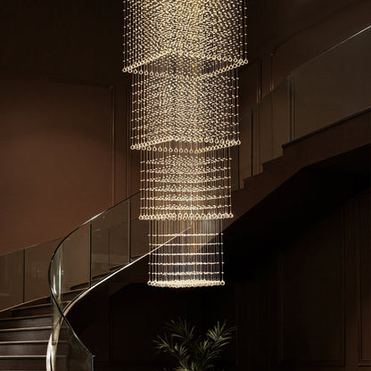 Tiered Raindrop Chandelier for High Ceilings | Stainless Steel Square Frame | GU10 LED Foyer Staircase Lighting | Chrome Finish Multi-Level