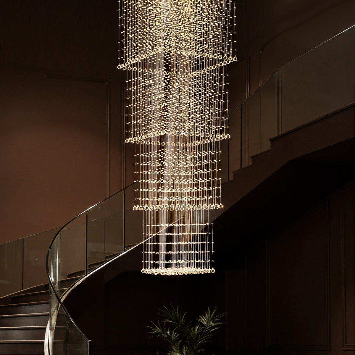 Tiered Square Crystal Chandelier with Cascading Raindrop Pendants for High Ceilings – Chrome Stainless Steel Frame for Foyer Stairway