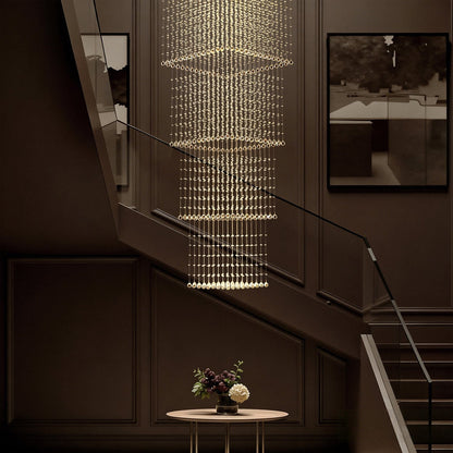 Tiered Square Crystal Chandelier with Cascading Raindrop Pendants for High Ceilings – Chrome Stainless Steel Frame for Foyer Stairway