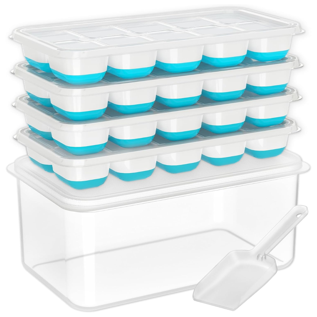 Flexible Silicone Ice Cube Trays with Lid and Storage Container for Freezer Space-Saving Organization