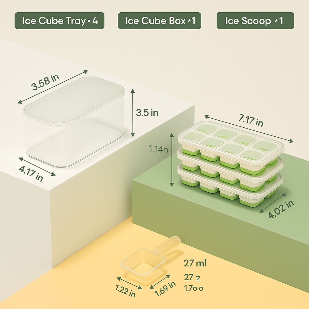 Flexible Silicone Ice Cube Trays with Lid and Storage Container for Freezer Space-Saving Organization