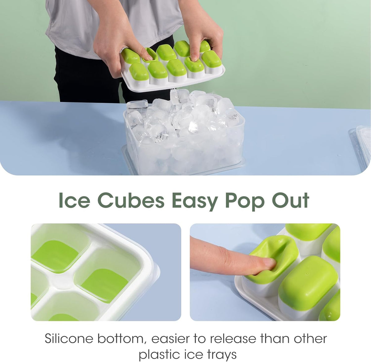 Flexible Silicone Ice Cube Trays with Lid and Storage Container for Freezer Space-Saving Organization
