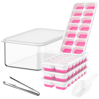Flexible Silicone Ice Cube Trays with Lid and Storage Container for Freezer Space-Saving Organization