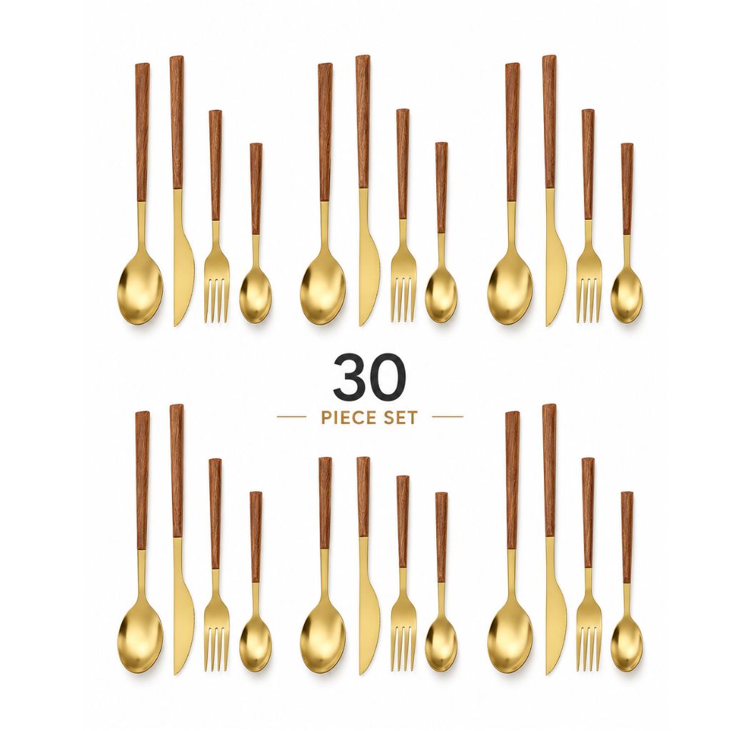 30-Piece Flatware Set Wood-Effect Handles Gold & Silver Finish for 6 Service for Family Dining Everyday Tableware Dinnerware