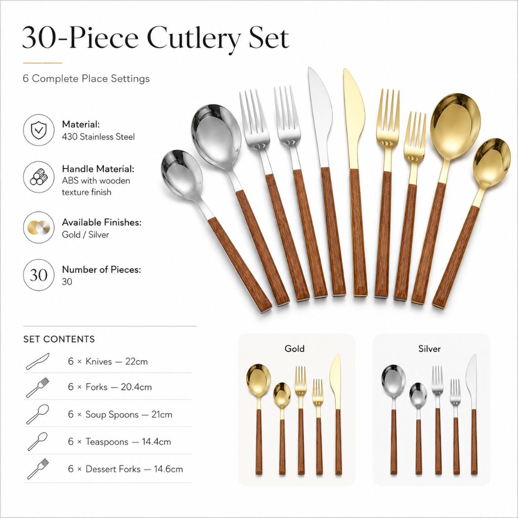 30-Piece Flatware Set Wood-Effect Handles Gold & Silver Finish for 6 Service for Family Dining Everyday Tableware Dinnerware