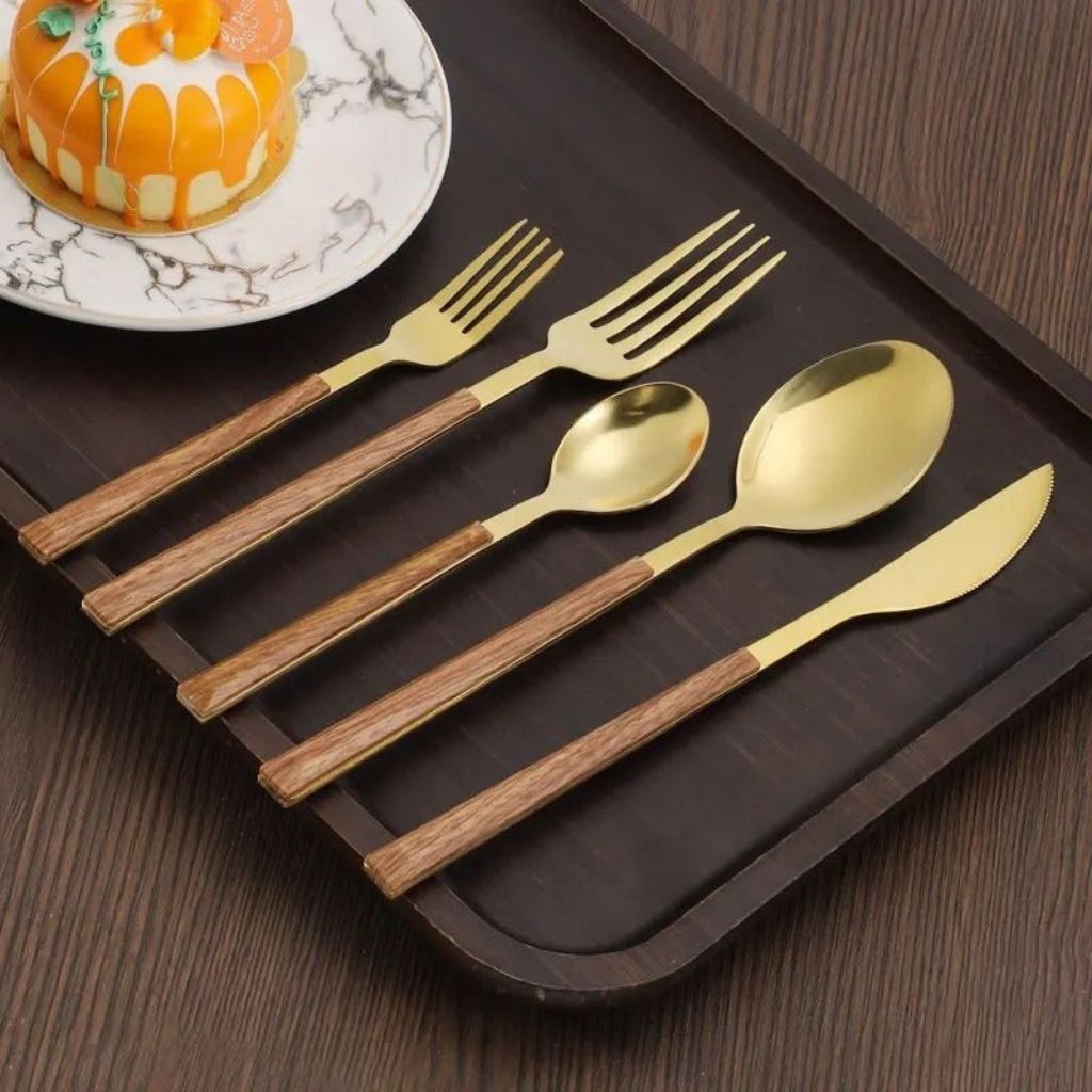 30-Piece Flatware Set Wood-Effect Handles Gold & Silver Finish for 6 Service for Family Dining Everyday Tableware Dinnerware
