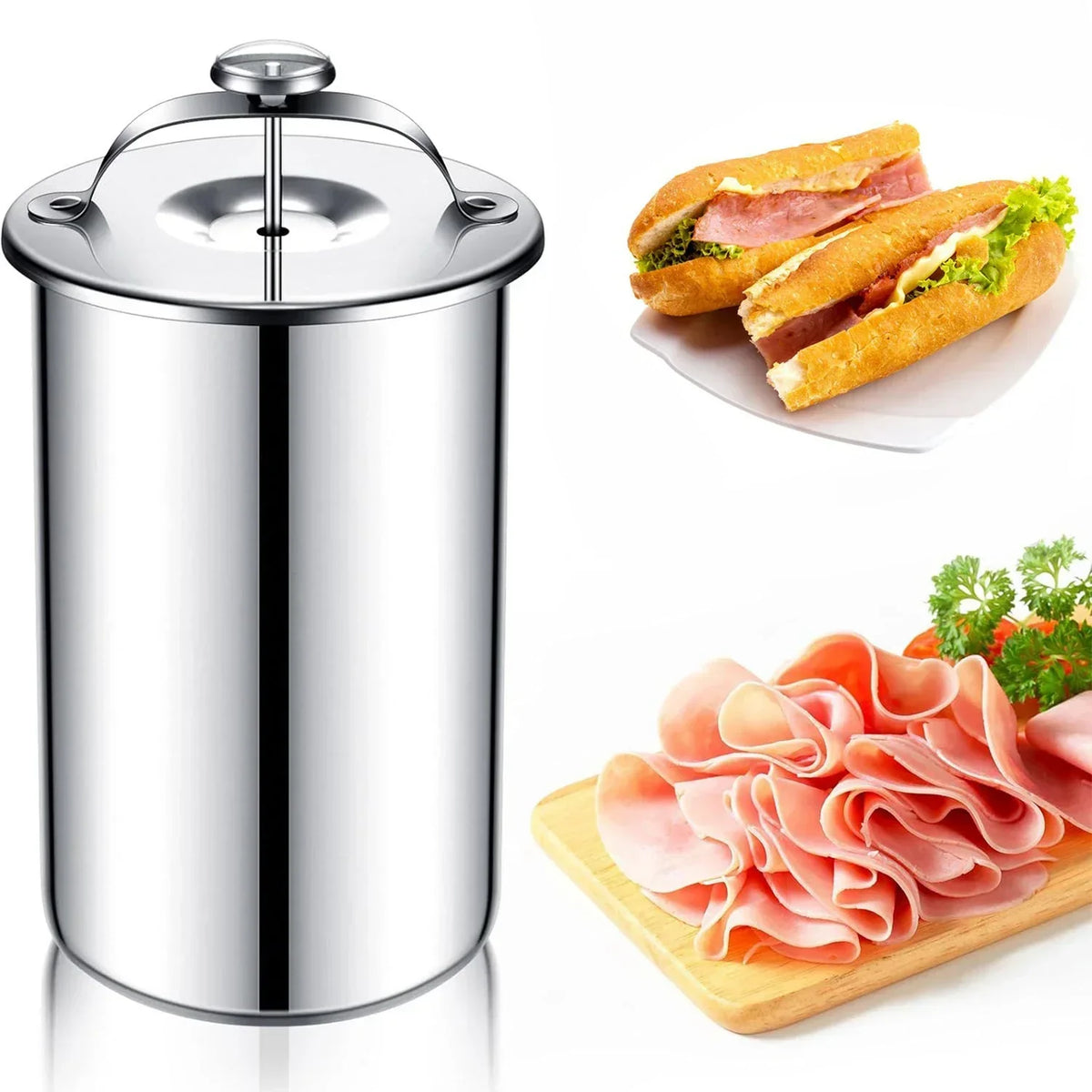 Meat Press Mold and Cooker with Kitchen Thermometer in Stainless Steel