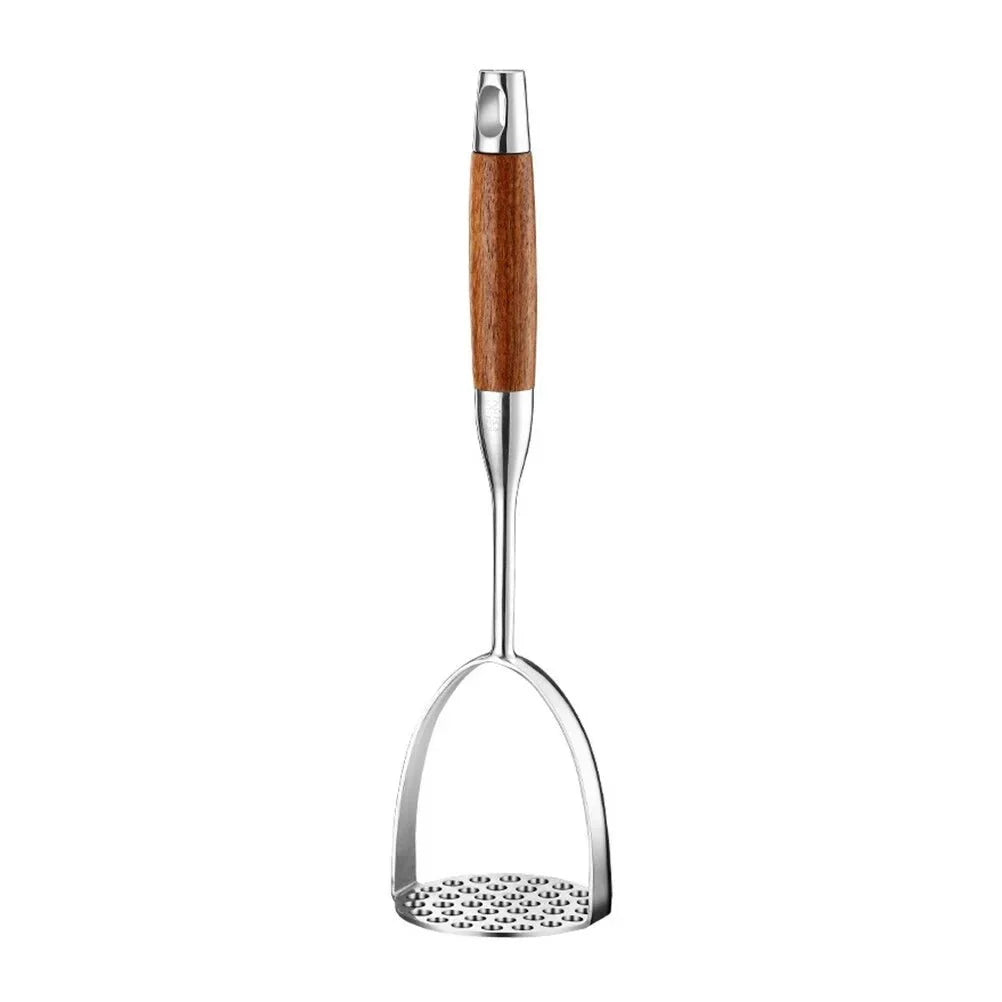 Hand Potato Masher Tool Steel Head Wood Grip Kitchen Utensil for Mashed Potatoes Vegetables Cooked Foods Puree Prep Home Cooking