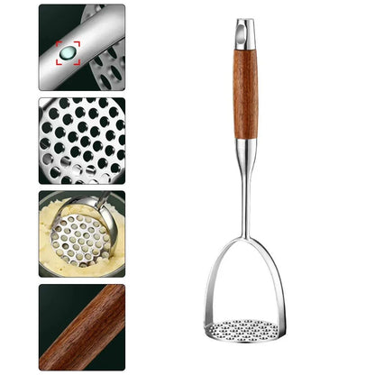 Hand Potato Masher Tool Steel Head Wood Grip Kitchen Utensil for Mashed Potatoes Vegetables Cooked Foods Puree Prep Home Cooking