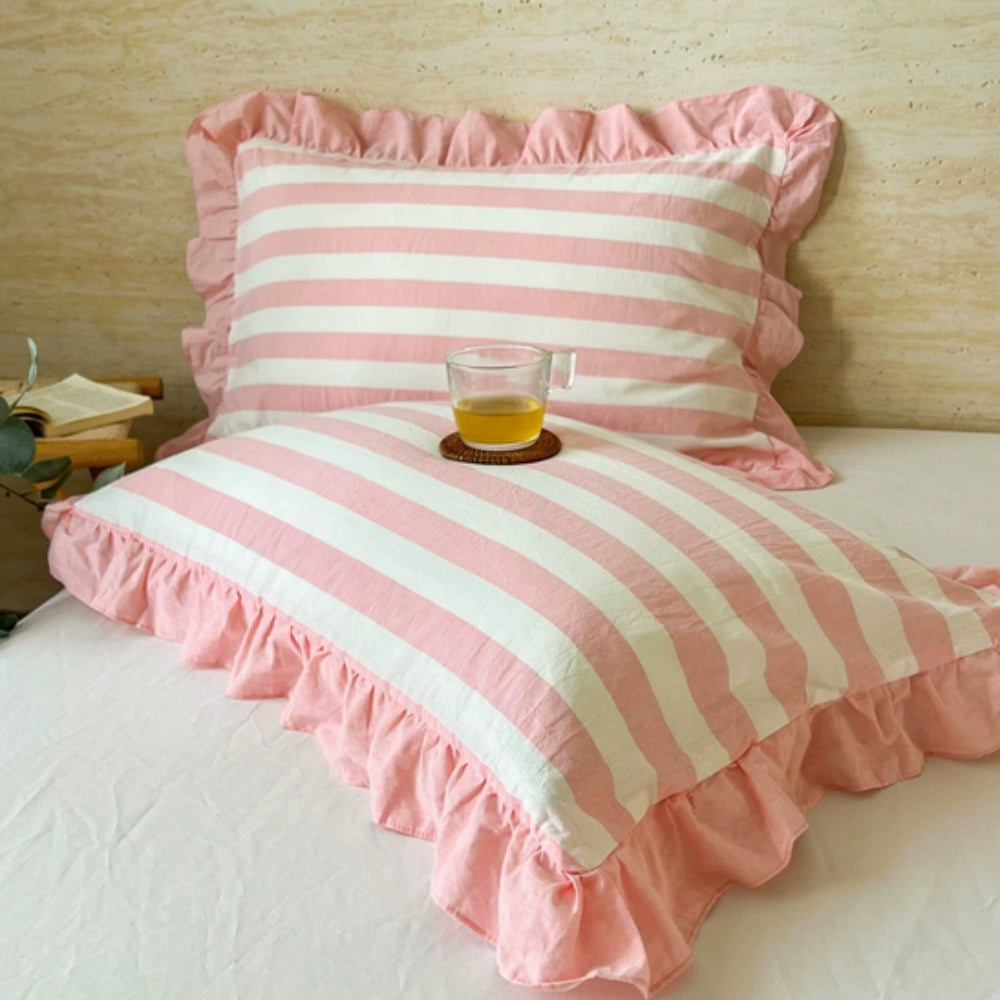 Queen Microfiber Pillowcase with Ruffle Trim & Zipper Closure – Vintage Stripe Pattern for Bedroom Décor – Soft Breathable Fabric