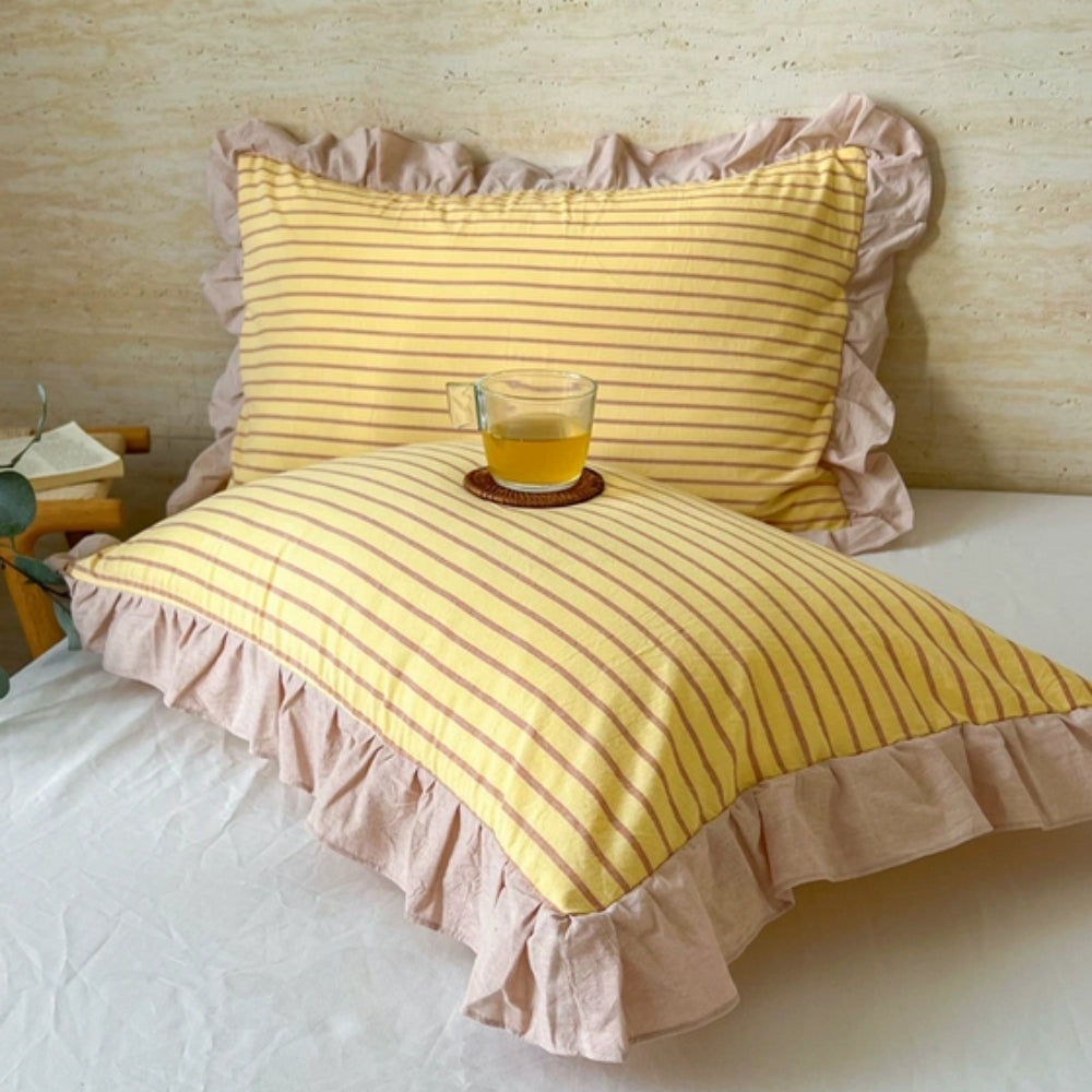 Queen Microfiber Pillowcase with Ruffle Trim & Zipper Closure – Vintage Stripe Pattern for Bedroom Décor – Soft Breathable Fabric