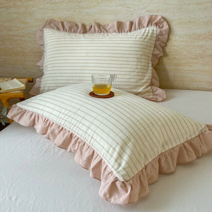 Queen Microfiber Pillowcase with Ruffle Trim & Zipper Closure – Vintage Stripe Pattern for Bedroom Décor – Soft Breathable Fabric