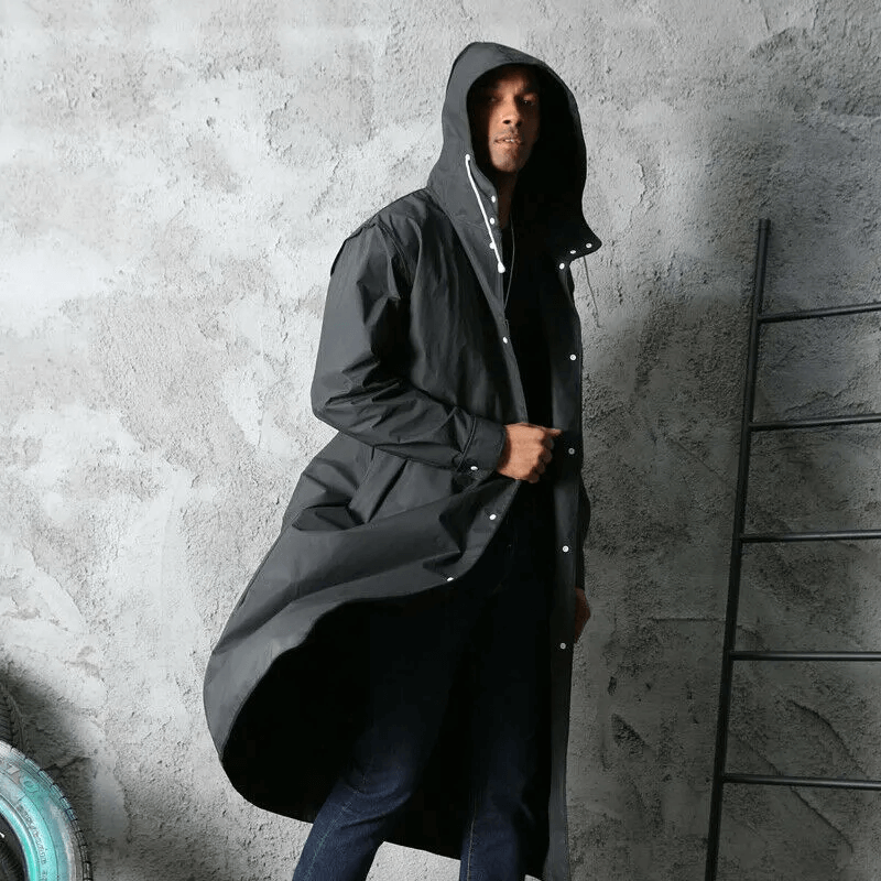 Full-Length Waterproof Hooded Rain Jacket for Adults – Lightweight Foldable Travel Coat for Men & Women – Black